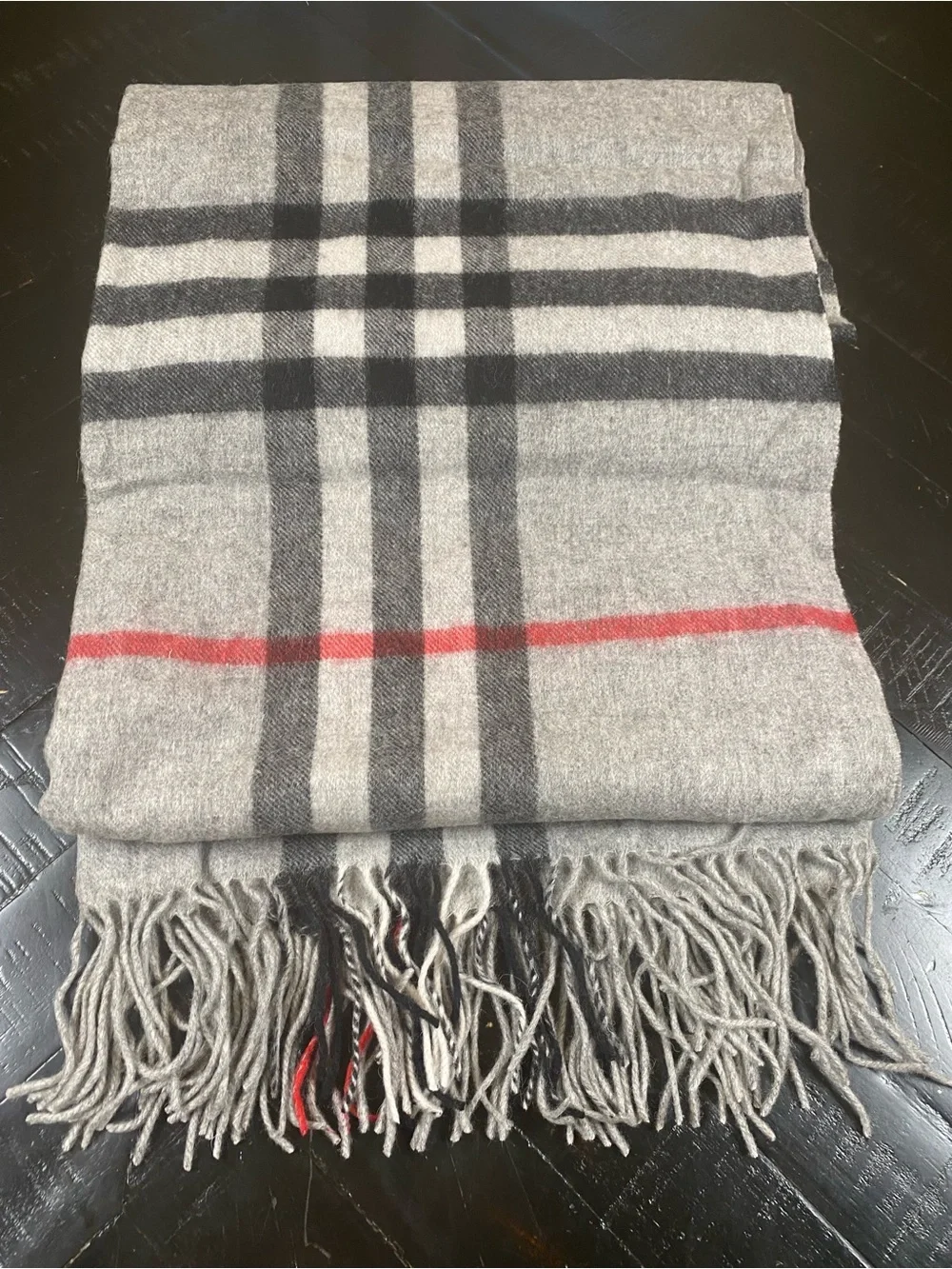 Burberry Gray, Black and Red Check Wool Scarf with Fringe
